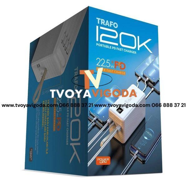 Power Way TRAFO 120K &mdash; 120 000 mAh / 22.5W PD / Кабели + Дисплей + LED / Mini Power Station 3250 фото