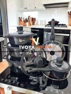 Набір посуду Higher Kitchen із гранітним покриттям із СИЛІКОНОВИМИ кришками (17 предметів) + кухарі 4366734 фото